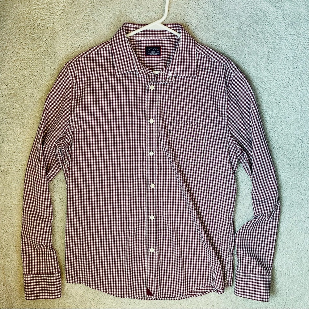 UNTUCKit Men's Maroon and White Checkered Shirt - Size L Slim Fit
